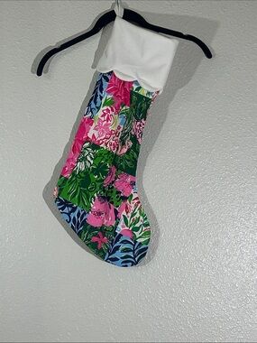 Lilly Pulitzer Pink Green Blue Patchwork Holiday Stocking with White Cuff